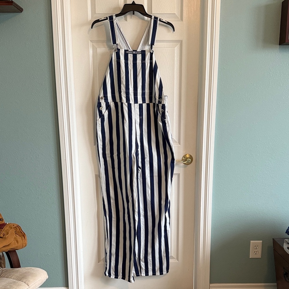 Adult Game Bibs Blue and White Striped Overalls